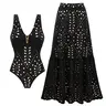 FLAXMAKER Women's V Neck Black Laser Cut One Piece Swimsuit and Matching Maxi Skirt Set Swimdress Beachwear Bathing Suit#Summervibes #SwimWeek