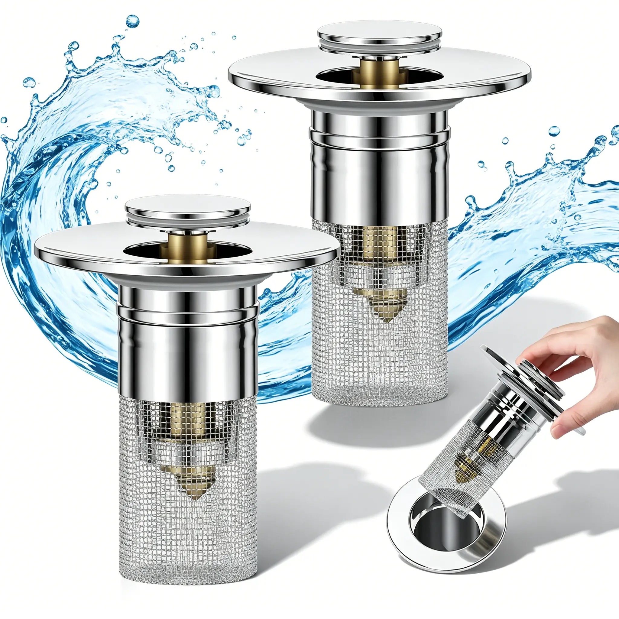 Odour Blocking Stainless Steel Sink Drain Plug, Removable Filter Basket Catches Hair for Bathroom Floor Drain