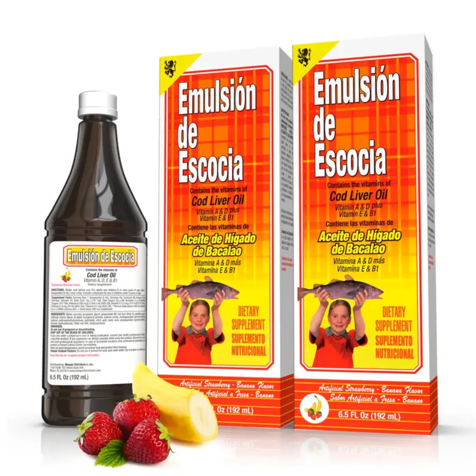 Emulsion de Escocia Natural Iron-Rich Cod Liver Fish Oil Liquid Emulsion Dietary Supplement, 6.5 Oz, Strawberry/Banana Flavor, Brain Health Support, Omegas Vitamins Supplements, US-Sold Nutrition Aid 2 pack