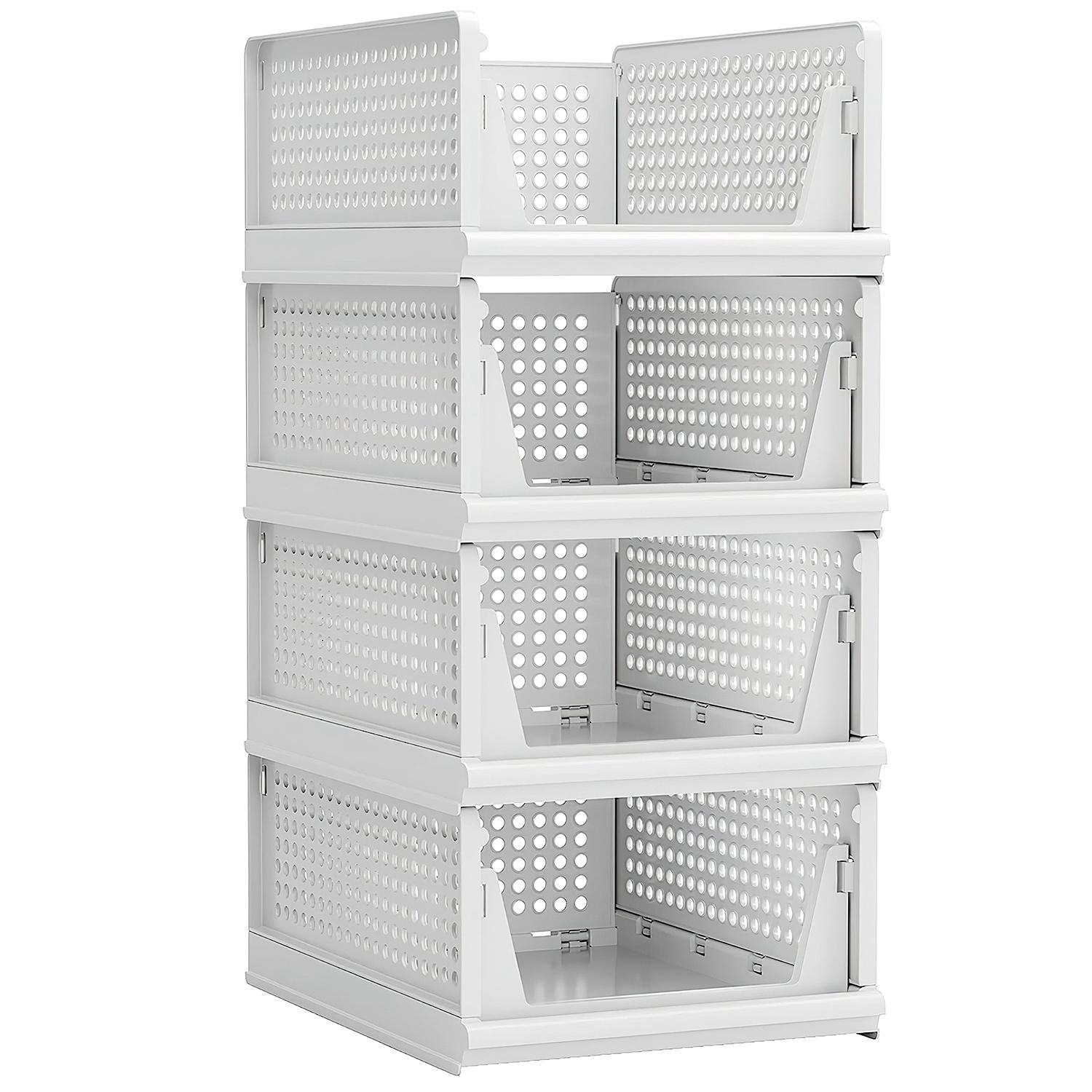 4 Packs Plastic Storage Box Closet Organizer Foldable Storage Bin Stackable Drawer with Slide Rail Push-Pull Storage Basket for Living Room Bedroom Wardrobe White