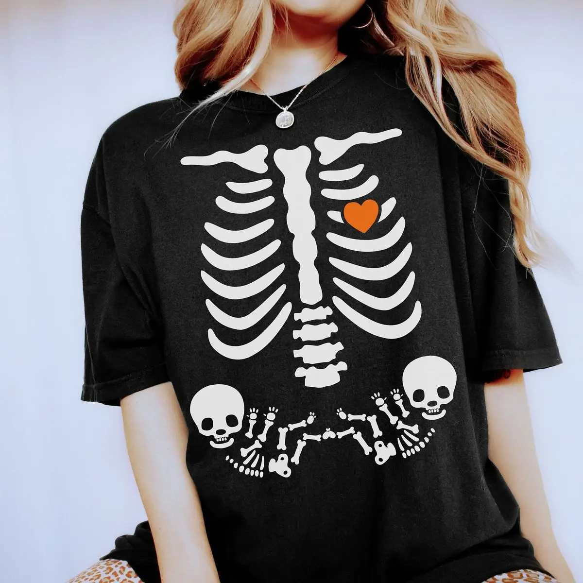 Comfort Colors Skeleton Halloween Maternity Shirt, Fall Twin Pregnancy Announcement T Shirt, Spooky Pregnant Tee, Mom Of Twins T Shirt, Mama To Be Gift, Unisex Fitted Short Sleeve Tee, Classic Streetwear
