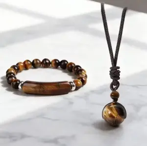 2pcs/set Natural Stone Necklace Bracelet Set Men Women Adjustable Woven Cord Tiger Eye Stone Obsidian Jewelry Set Holiday Gift