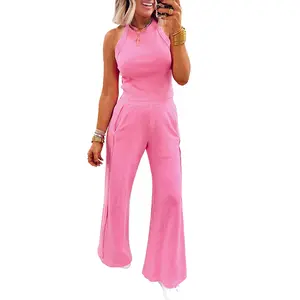 Mntaor Effortlessly Chic Sachet Ribbed Matching Set Pink Ribbed Tank & Sweatpants with Side Pockets Ideal for Try On Hauls & Casual Outings