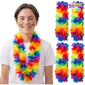 36 Pcs Colorful Flower Pride Leis Bulk, Hawaiian Colorful Leis, Artificial Flower Neck Loops, Pride Accessories Decor, LGBTQ+ Lei for Parades, Party