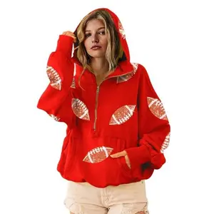 Women'sFootballSequinHoodieHalfZipLongSleeveRugbyPatchGameDayHoodedSweatshirt
