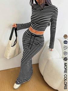 women's striped print long sleeve top & skirt two-piece set, elegant fashion casual two piece outfits for daily outdoor wear, women clothes for all seasons, womenswear