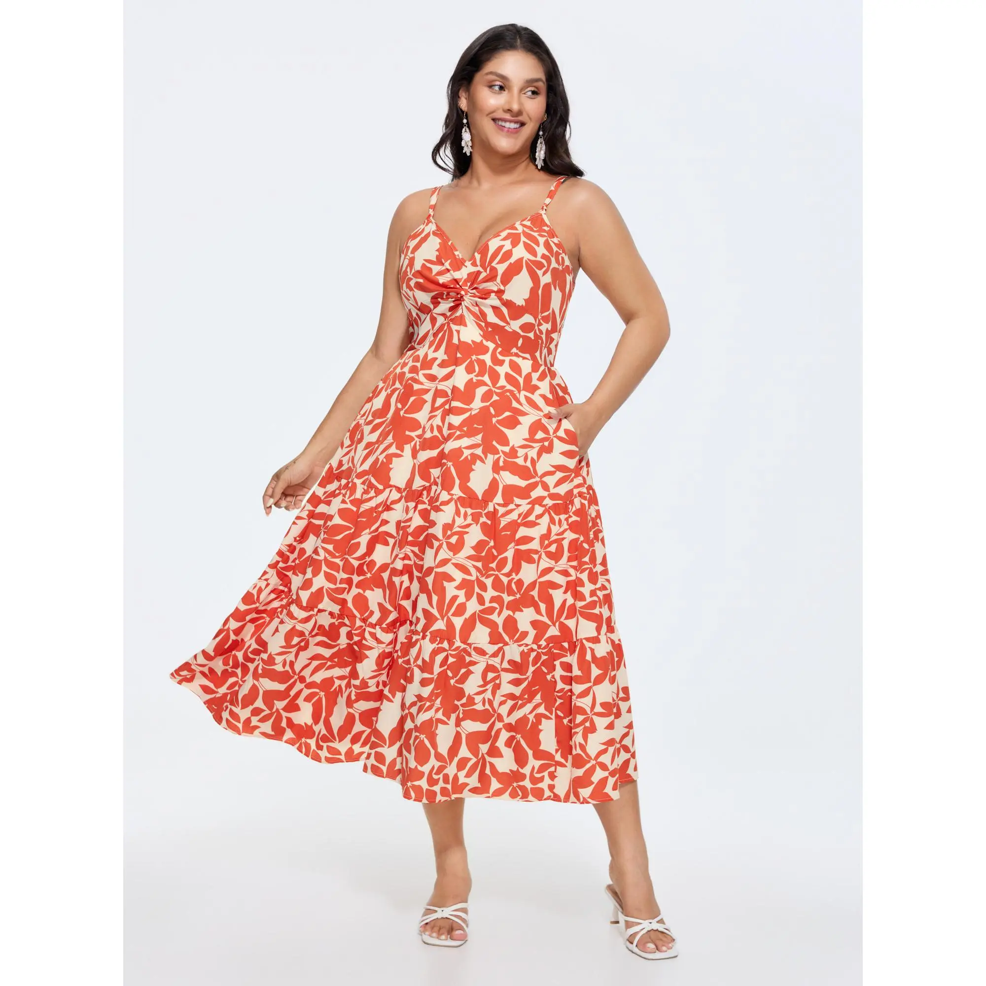 BloomChic Women's Plus Size Casual Leaf Print Polyester Midi Dress with Twist Front and Pockets, a Smooth Pull-On for Summer Casual Wear, Comfy, Everyday, Simple, Womens Dresses, Plus Size Dresses