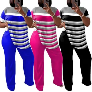 2026 New Women's 2 Piece Summer Loungewear Sets Striped Crew Neck Top & Wide Leg Pants for Daily Jogging Soft Womenswear Set