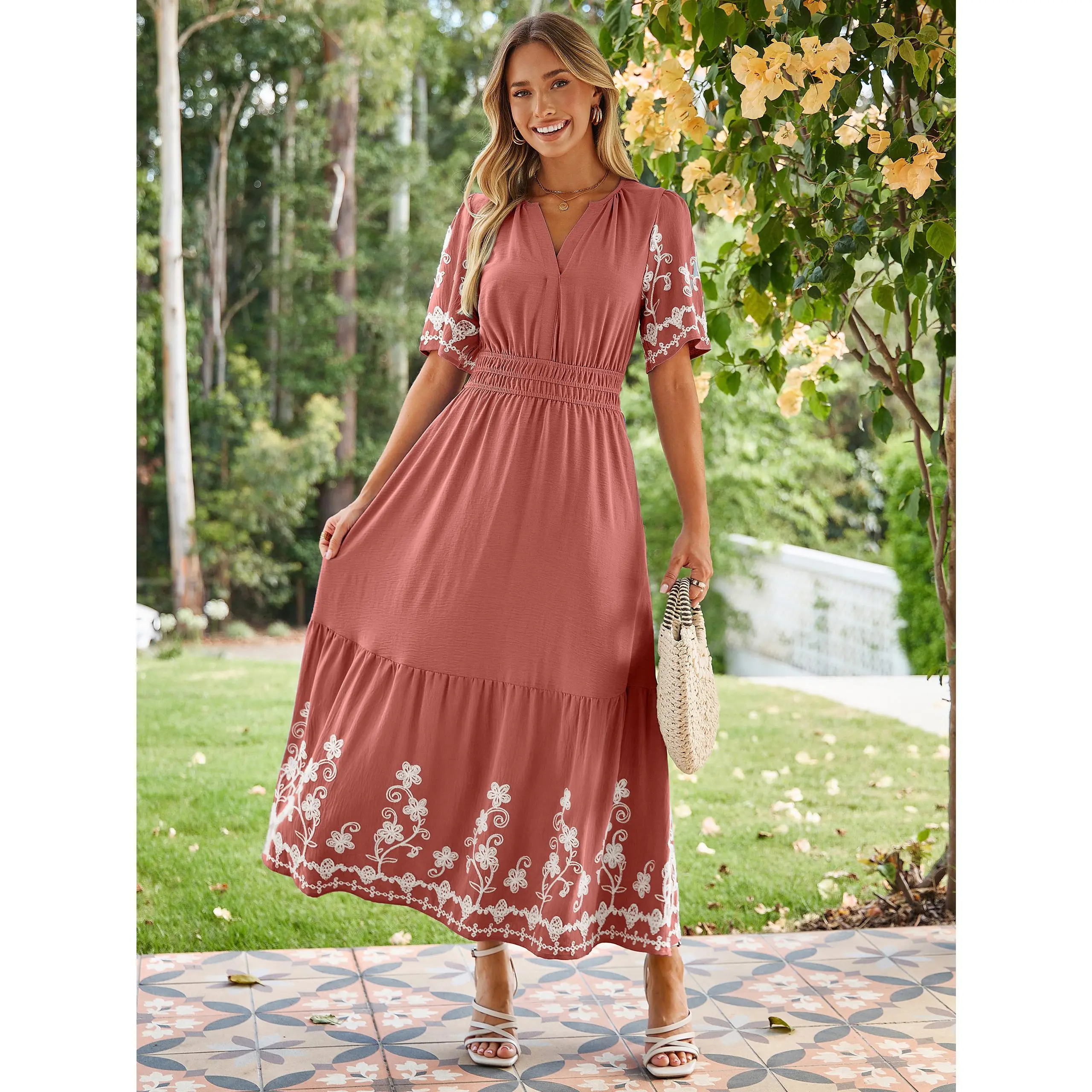 Simplee #SummerVibes Embroidery Floral Maxi Dress | Elegant V-Neck Short Sleeve Dress | Boho Wedding Guest Gown