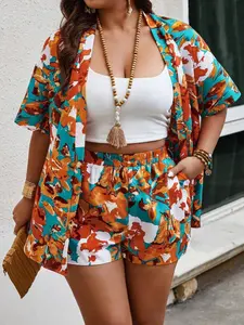 【Plus Size】 2 Counts Floral Print Two-Piece Set without Cami Top, Casual Half Sleeve Outwear & Pocket Shorts for Summer, Women's Outfits for Daily Wear, Matching Sets, Clothes, Blouse Shorts Set