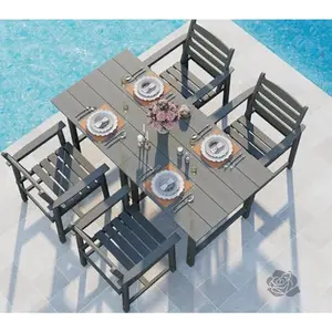 5-Piece HDPE Outdoor Dinging Set, Extendable Table and 4 Durable Chairs, All-Weather Dining Table Set for Backyard, Deck, Garden, Gray