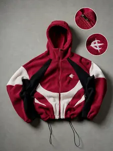 Vintage Y2K Sherpa Fleece Zip-Up Hooded Jacket | Color Block Embroidered Logo Drawstring Hem Streetwear Warm Coat