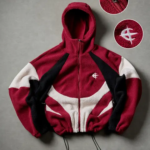 Vintage Y2K Sherpa Fleece Zip-Up Hooded Jacket, Color Block Embroidered Logo, Drawstring Hem, Streetwear Warm Coat, Zip Hoodies