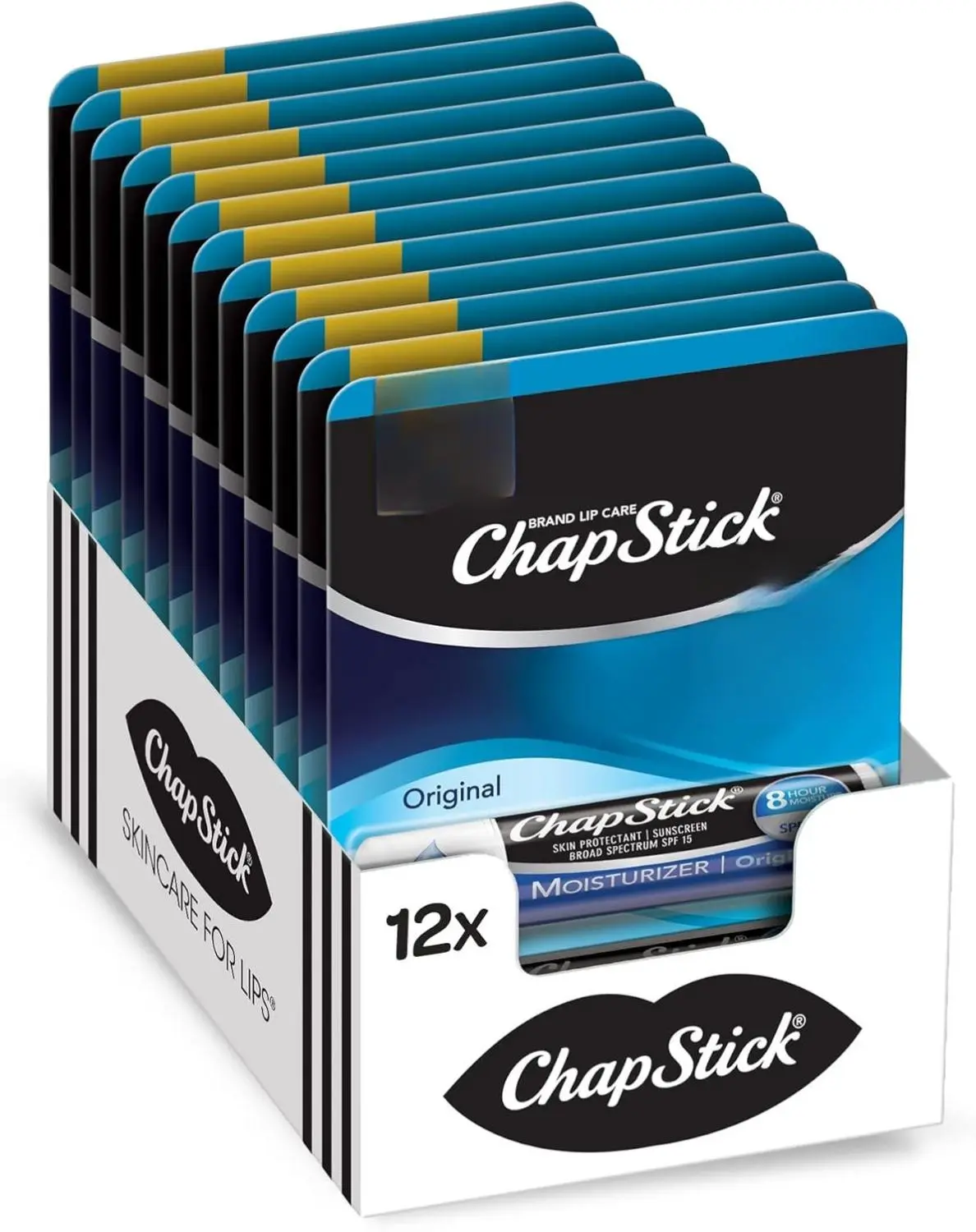ChapStick Classic Original Hydrating Lip Balm Tubes - Broad-Spectrum SPF 15, 0.15 Oz 12 Pcs, Lanolin & Wax-Based, Aloe Barbadensis Leaf Extract, Vitamin E, 11 Hydrating Ingredients, Paraffin, Outdoor Daily Moisturizer