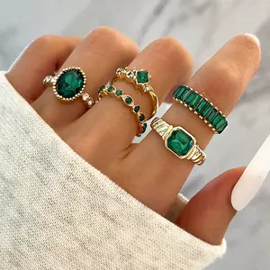 FASHION - 5Pcs Green Rhinestones Rings Set Geometric Imitation Crystal Bohemian Rings for Women Vintage Jewelry Wedding Party Gifts 2026