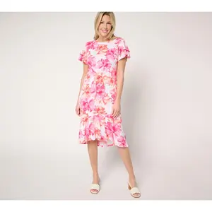 Dennis Basso Petite Caviar Crepe Dress with Ruffle Detail