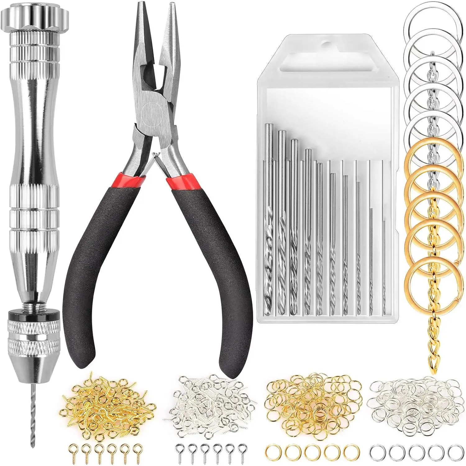 Hand Drill 222 Count Pin Vise with Drill Bits 0.8 mm-3 mm Nose Pliers Making Supplies Kit for Keychains Making Tools
