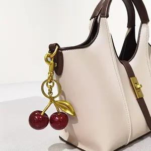 Chic Cherry Keychain with Sparkling Resin Pendant - Alloy, Customizable C-Hook Closure for Women's Wallets & Bags