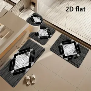 3/4pcs Geometric Black and White Pattern Bathroom Mat Set, Modern Minimalist Style, Includes Toilet Lid Cover and Rug, Bathroom Decor, U-Shaped Foot Mat, 2D Flat