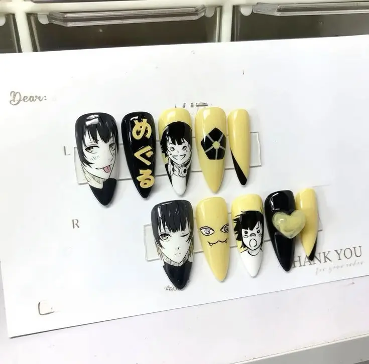 Meguru Bachira Inspired Handmade Press On Nails | Blue Lock Anime 3D Nail Art | Yellow Black Reusable Custom False Nails with Nail Kit | Free Adhesive Tabs Nail File & Cuticle Stick