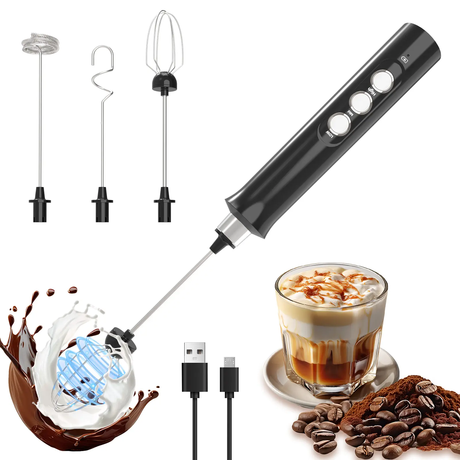 Electric Milk Frother, USB Rechargeable Electric Whisk with 3 Heads, Handheld Double Grip Design, 3 Speeds Drink Mixer Foam Maker Coffee, Latte, Cappu