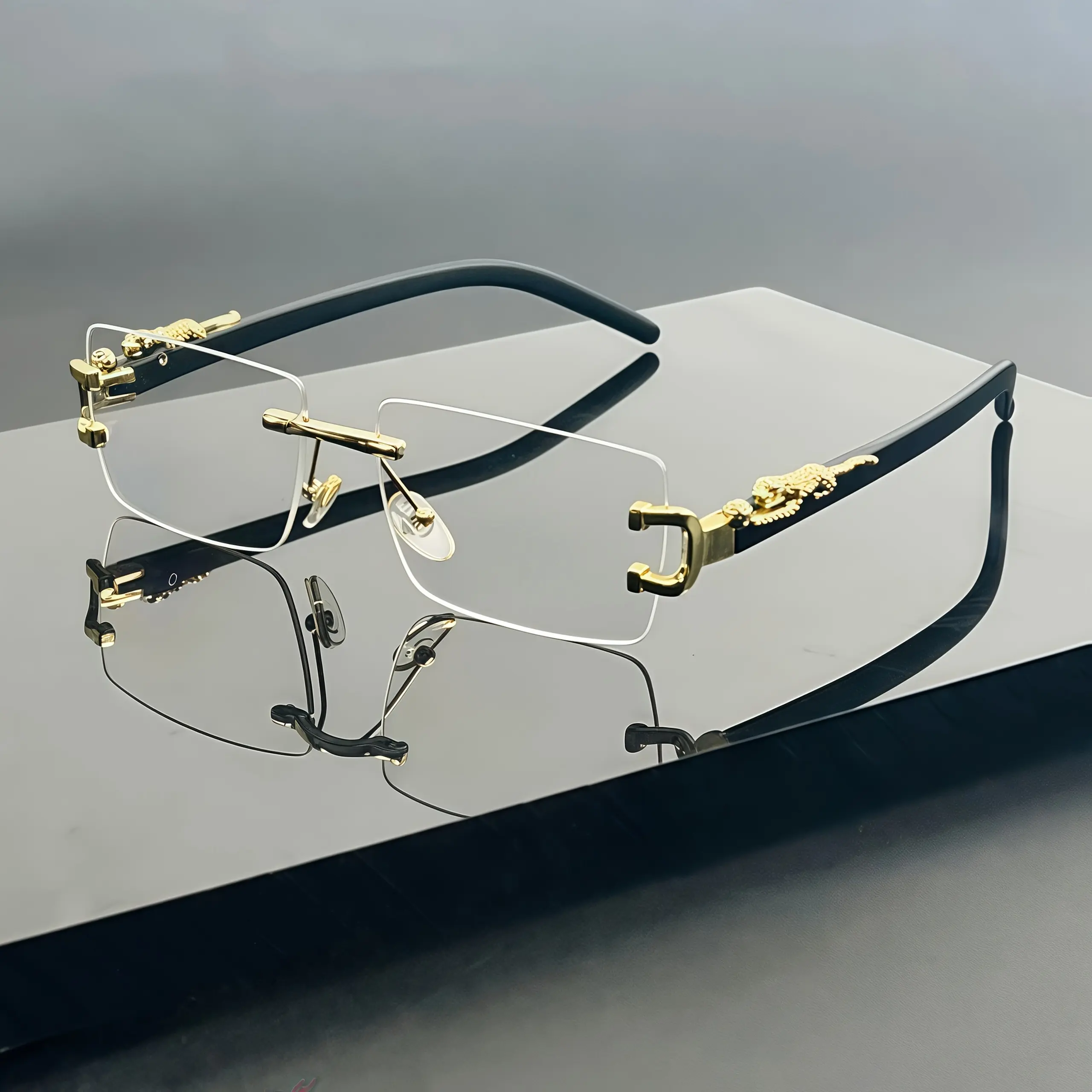 New 2025 Men's Vintage Square Frameless Glasses, Zinc Alloy Frame with Wood Tone Finish, Polycarbonate Anti-Reflective Lenses, Stylish Fashion Eyewear for Parties Semi Rimless