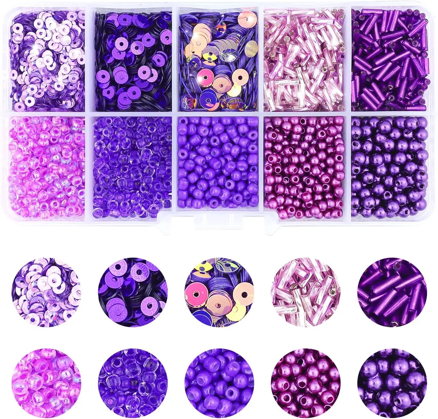 1 Box of Mixed Craft Beads Including Glass Bugle Seed Beads  Beads Semi-Cupped Sequins Beads for DIY Arts Crafts Sewing Embroidery Clothing  Making (Purple, Assorted Size)