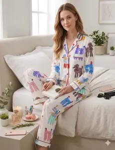 Women’s Colorful Poodle Print Satin Pajama Set, Short Sleeve Dog Lover Sleepwear, Cute Pet Pajamas