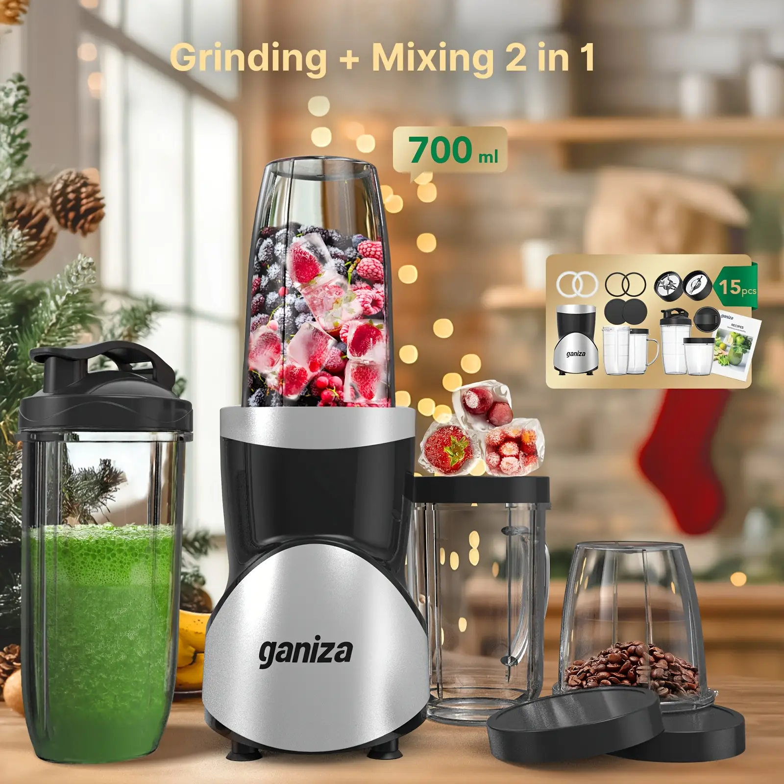 FallDealsForYou Ganiza Smoothie Blender With Knob Switch for Shakes, Smoothies, Grinder, with 4 BPA-Free Portable Blender Cup, Nutritious Recipe, MAX