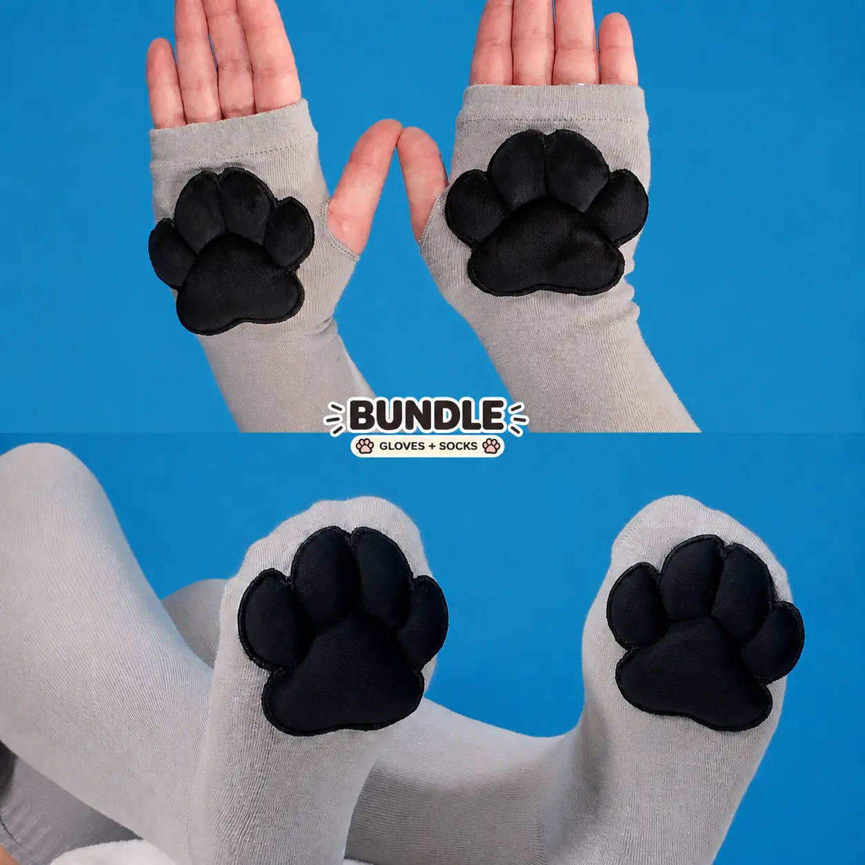 Grey Thigh High Cat Paw Socks & Glove Set– Black Plush Paw Pads