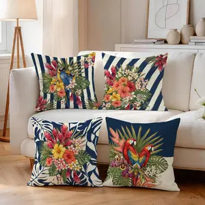 4pcs Blue Striped Tropical Plant Floral Bird Pattern Cushion Covers, Single Side Print, Home Decor for Living Room Bedroom, All Seasons