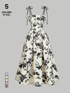 Women's Spring Summer French Vintage Halter Long Dress, Floral Waist Cinch Slim A-Line Skirt, Elegant Chic Casual Wear Vacation Dress for Women