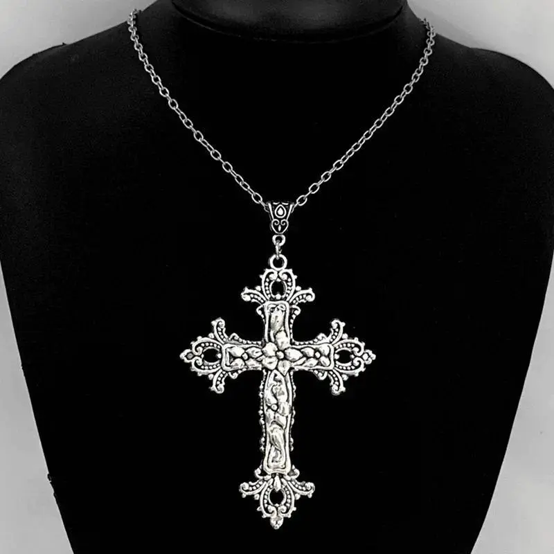 Gothic cross, Gothic black style hollow cross pendant necklace, punk cool necklace, large cross silver tone necklace
