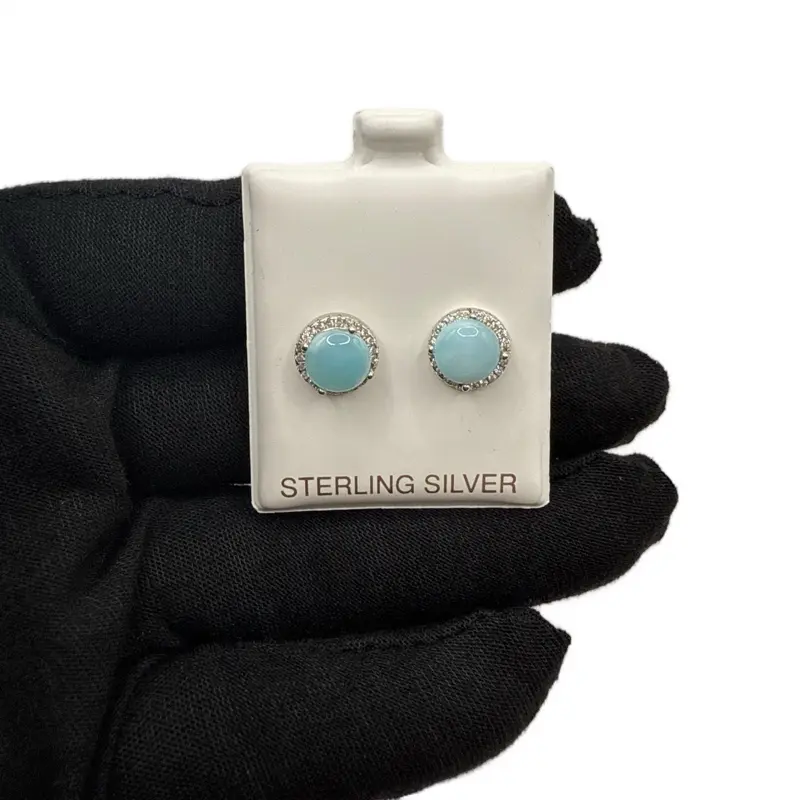 S883- NEW .925 Sterling Silver Round Stud Earrings Larimar (10.08mm) W.G