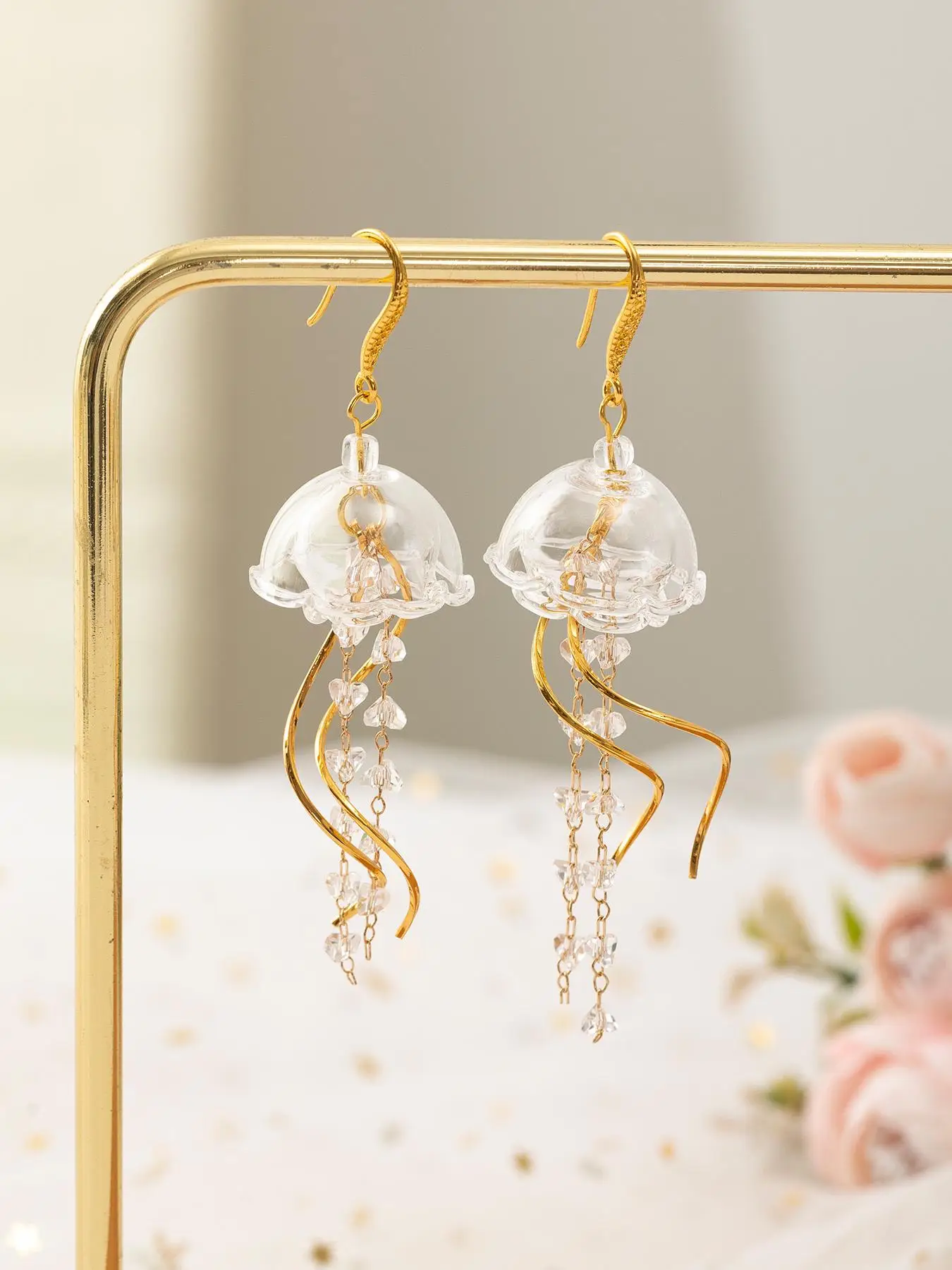 Creative Design Cute Jellyfish Design Dangle Earrings for Women, Animal Design Glass Long Tassel Drop Earrings, Cute Cool Female Accessories, Vintage