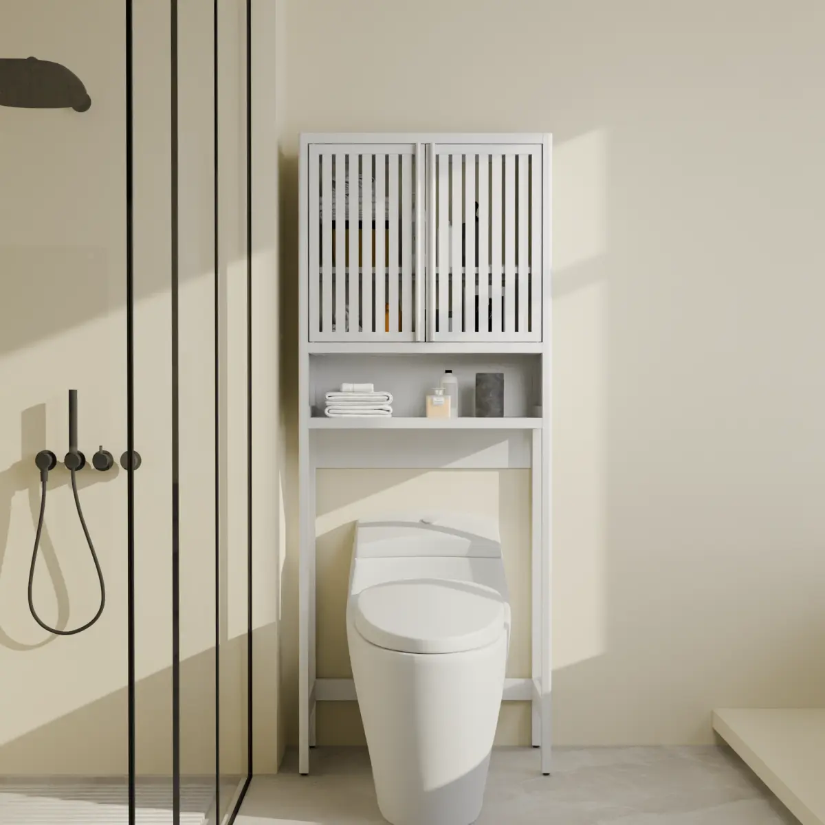 [Bellemave] Toilet Storage Shelf| Over-the-Toilet Storage Cabinet| Bamboo Bathroom Organizer with Doors| Space-Saving for Bathroom & Laundry Room
