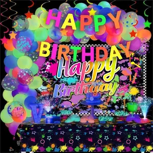 Neon Party Decorations, Glow in the Dark Birthday Supplies, Neon Balloon Arch Set and Background Tablecloth, UV Light Glow Balls