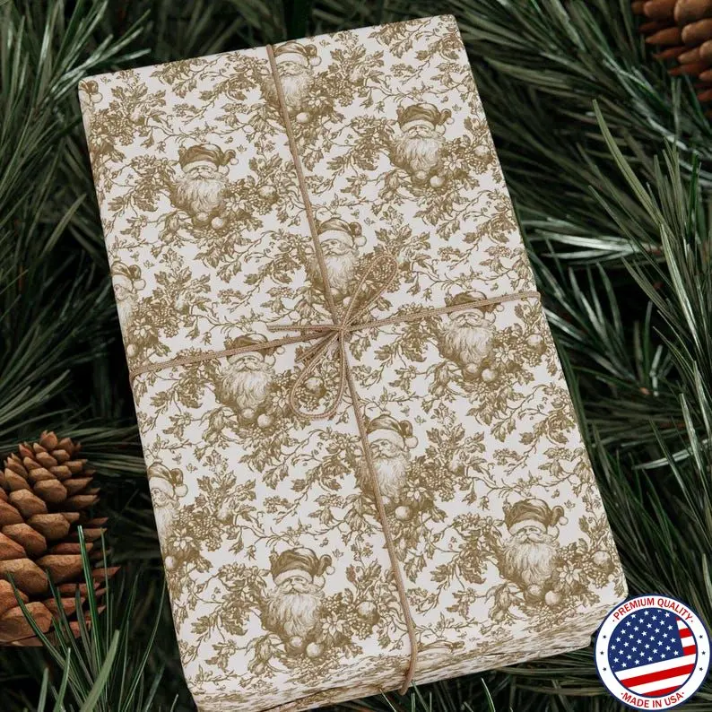Christmas Wrapping Paper, Toile Santa Brown Chinoiserie Christmas Gift Wrap, Vintage Brown Willow Holiday Wrapping Paper Roll Giftwrap