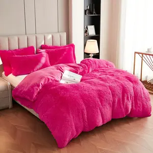 Fluffy 1PC Solid Duvet Cover Faux Fur Plush Shaggy Quilt Over Velvet Bedspread Closure, No Pillow Sham, No Comforter (Hot Pink,)