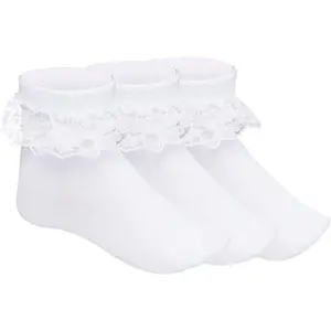 P-SOK017   3 Pairs Girls Ruffle Socks White Ruffled Lace Socks for Girls Toddler Frilly Dress