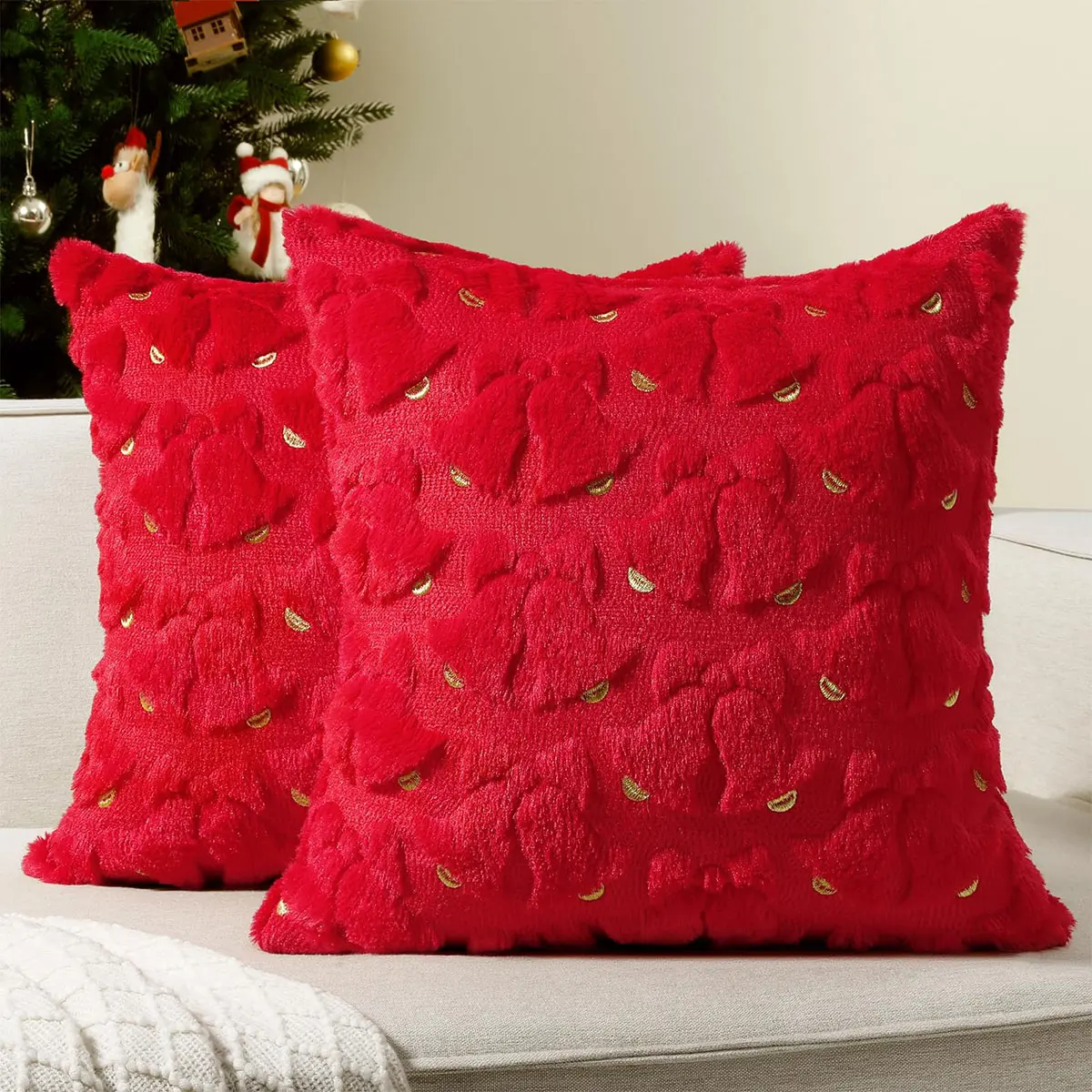 Christmas Throw Pillow Covers 18 x 18 Inch Set of 2 Xmas Winter Bell Faux Fur Cushion Covers 3D Embroidered Pillow Cases for Couch Bedroom Living Room Decor