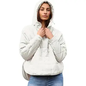Women's Pullover Puffer Jacket Quilted Lightweight Dolman Sleeve Button Down Hooded Padded Coat with Pocket