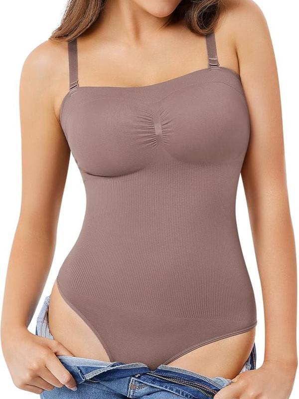 Nebility Strapless Women's Shapewear Thong Bodysuit - Tummy Control Slimming Body Shaper Umber Medium Adjustable Fit Lightweight Seamless Soft Nylon Spandex