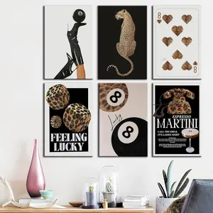 6-piece set, black leopard-print room decor posters, stylish leopard-print wall art, aesthetic-style “Lucky No. 8” ball poster, playful Y2K-inspired red art pieces, perfect for bedrooms, frameless design, Art Wall Decoration