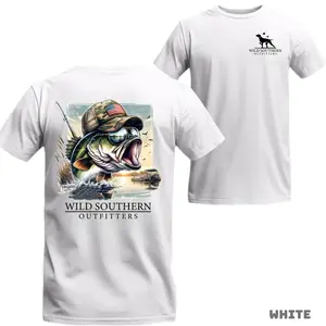 Wild Southern Outfitters Fishing Graphic T-Shirt, Features Large Bass Fish Wearing Camo Hat And Sunglasses With “Wild Southern Outfitters” Text On Back And Small Chest Logo, Outdoor Fishing Theme, Unisex Casual Tee, Gift For Anglers, Top Menswear