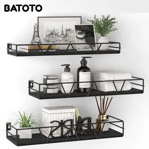 BATOTO Floating Shelves Set of 3 Home Wood Wall Shelf Farmhouse Decor for Bedroom Living Room Bathroom Kitchen Office Photo Waterproof Metal Wooden with Storage Hooks Decoration