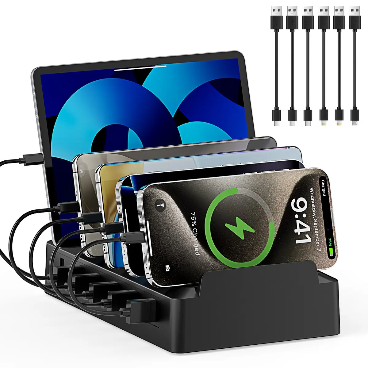 COZOME Multi-Device Charging Station with 6 USB Ports for iPhone iWatch AirPods Pro & Android Phones Versatile Charging Solution