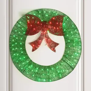 CAPHAUS 36” Lighted Metal Christmas Wreath, 3 FT Foldable Christmas Reef with 120 LED Lights, Bow, Metal Frame, 8 Light Modes, Christmas Holiday Decoration for Indoor, Home, Office, Green/ Gold