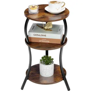 Vintage Small Round Side Table 3-Tier Circular End Table with Storage Shelf Compact Coffee Table Nightstand for Living Room Bedroom Small Spaces Rustic Brown