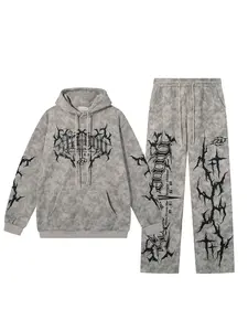 Men's Vintage Wash Tie-Dye Cross Print Hoodie & Sweatpants Set, Casual Fashion Streetwear, Fall Winter, 2 Piece Set, Co Ord Sets